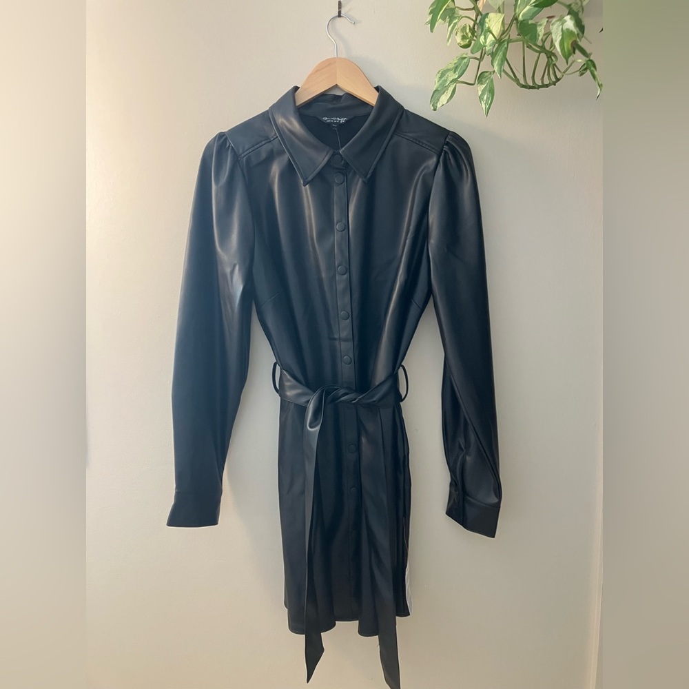 Miss Selfridge faux leather belted black shirt dress